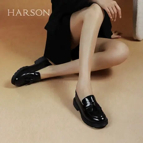 哈森厚底乐福鞋女春季新款漆皮亮面牛皮革流苏单鞋HS250601商品大图