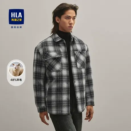 HLA/海澜之家休闲夹克2025秋冬新款翻领衬衫式格纹含羊毛外套男图片