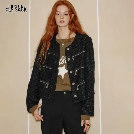 妖精的口袋亮丝黑色小香风短款外套女2025年秋季新款多拉链设计感图片