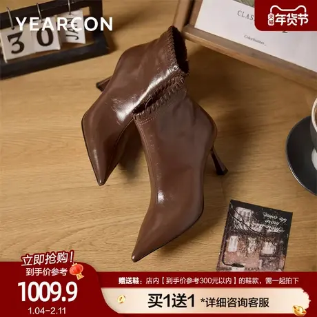 意尔康真皮短靴女士2025秋冬气质细跟时装靴法式优雅尖头高跟踝靴图片
