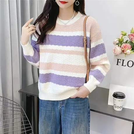 女士毛衣圆领条纹针织打底衫2023新款秋冬宽松女毛衣时尚百搭上衣图片