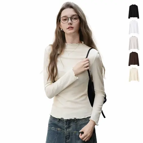 唐狮薄绒半高领打底衫女款高级显瘦木耳边内搭可外穿休闲上衣女VB图片