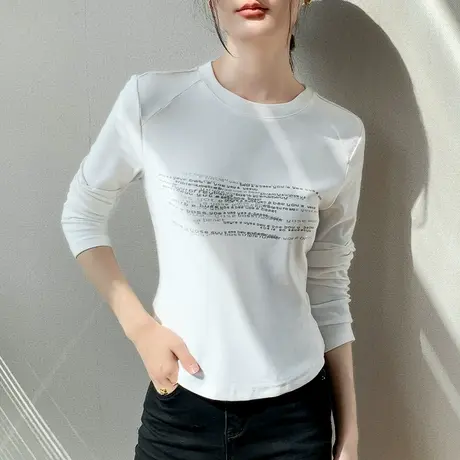 磨毛圆领字母印花长袖T恤女2023秋冬新款休闲修身西装内搭打底衫图片