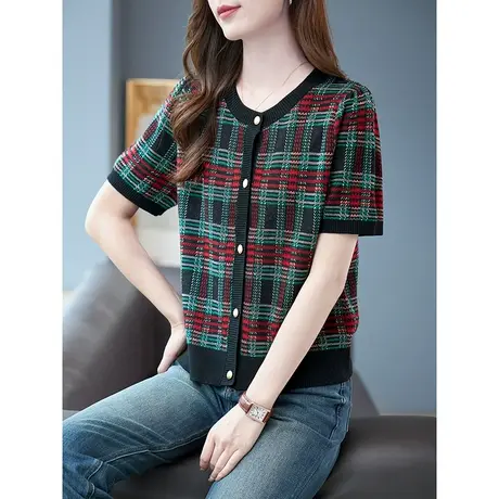 宝诗黎圆领格子针织开衫女2023早秋新款外搭毛衣外套时尚洋气上衣图片