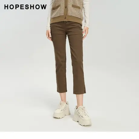 红袖outlets纯色单排扣牛仔裤hopeshow2023冬款纯色修身九分裤子图片