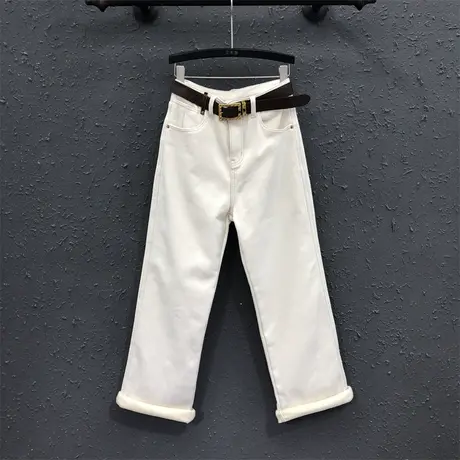 欧货直筒裤女2023冬季新款米白色加绒设计感高腰百搭拖地牛仔长裤图片