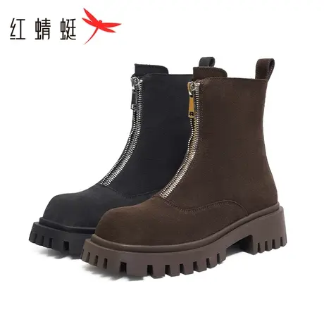 红蜻蜓时装靴2023冬季新款加绒保暖短筒靴时尚前拉链马丁靴女鞋商品大图