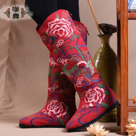汉舞经典款民族风女靴高筒加厚古韵棉靴长款绣花靴凤凰游图片