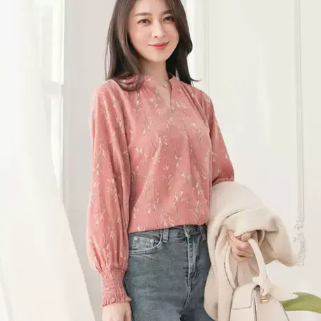 桔熊春秋季通勤复古小衫雪纺衫女装碎花灯笼袖v领上衣大码AB14551图片