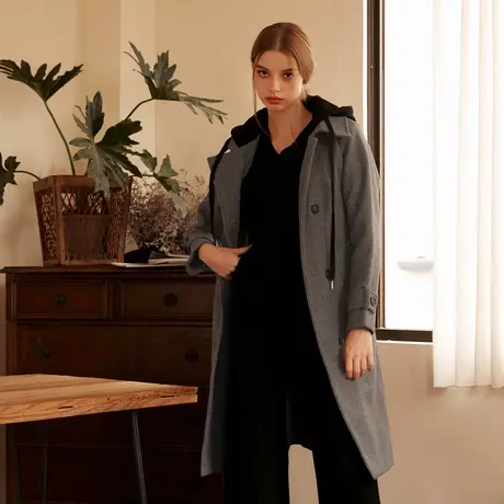 桔熊秋冬季气质毛呢大衣双排扣连帽棉服抽绳夹棉长外套大码EA2814图片