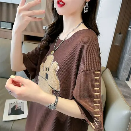 短袖t恤女夏季韩版宽松大码女装中长款小个子卡通华夫格上衣服潮图片