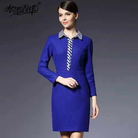 【1件7.9折】冬装新款通勤OL修身显瘦毛呢一步裙翻领长袖连衣裙图片