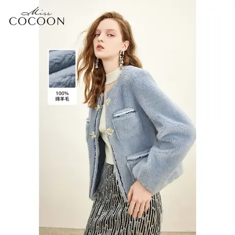 MISSCOCOON新中式盘扣绵羊毛皮草女2023冬季新款时尚短款毛毛外套图片