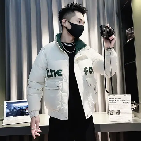 潮牌工装立领棉服男冬款ins撞色休闲字母印花设计感棉衣棉袄外套图片