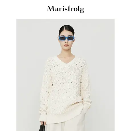 【商场同款】玛丝菲尔针织衫秋季新款米白色圆领时尚镂空针织毛衣商品大图