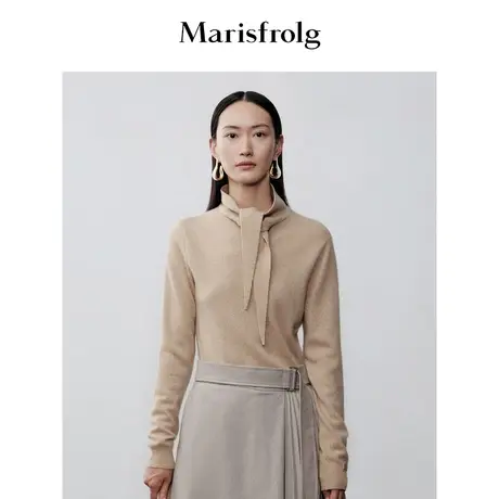 【羊毛面料】玛丝菲尔冬季新款卡其色长尖领收腰显瘦打底毛衣商品大图