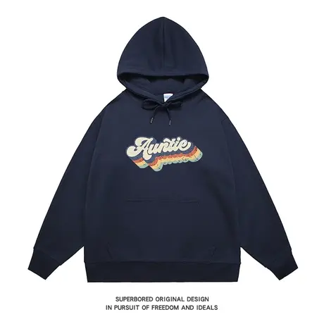 美式复古彩虹字母印花卫衣男春秋季小众设计感连帽情侣装宽松上衣图片