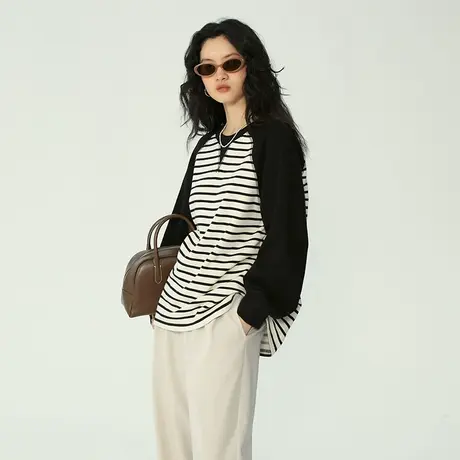 omont蛋挞家 条纹圆领卫衣女秋季2023新款美式复古宽松显瘦上衣图片