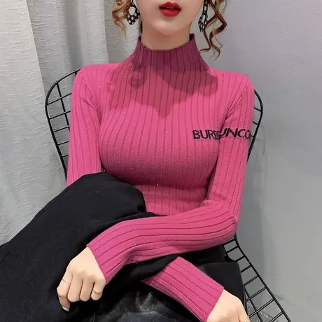 半高领毛衣亮丝针织衫2023秋冬新款套头修身内搭上衣加厚打底衫潮商品大图