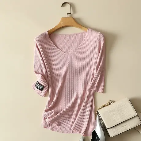 春夏2024年新款冰丝针织打底衫女毛衣内搭五分袖上衣宽松短袖t恤商品大图