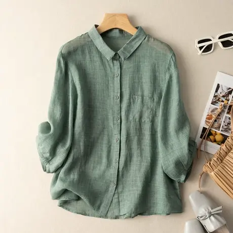 七分袖苎麻衬衫女文艺复古宽松休闲小衫2022春夏新款棉麻上衣T恤商品大图