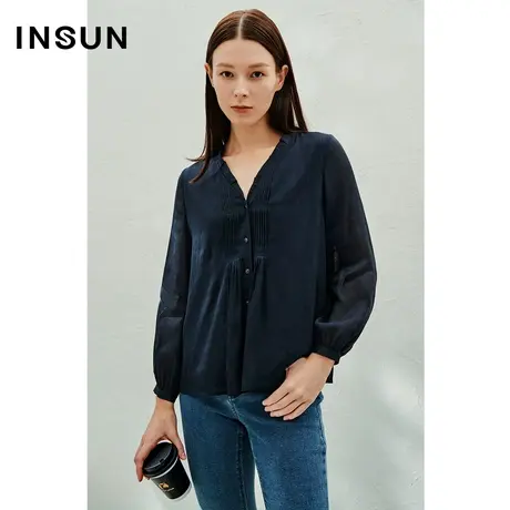 INSUN恩裳奥莱2023春季宽松亚麻桑蚕丝V领衬衫图片
