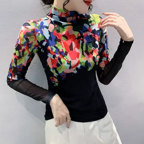 高领网纱打底衫女秋冬新款设计感印花加绒上衣显瘦减龄T恤长袖ins图片