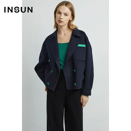 INSUN恩裳线上专选秋季撞色垂坠纯羊毛毛呢外套图片