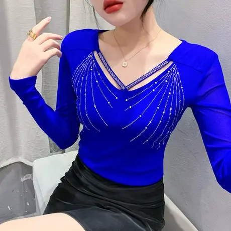 时尚网纱V领T恤女士长袖秋季2024新款性感内搭打底衫重工烫钻上衣商品大图
