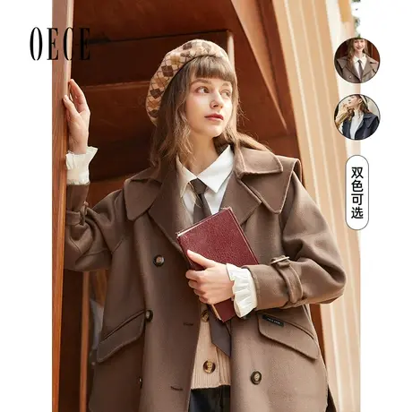 冬装新款学院复古双排扣毛呢外套双面羊毛呢大衣图片