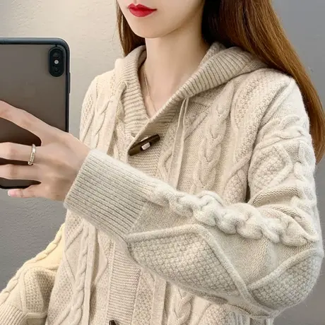 针织开衫女休闲减龄宽松韩版牛角扣麻花连帽衫毛衣女外套春2023商品大图