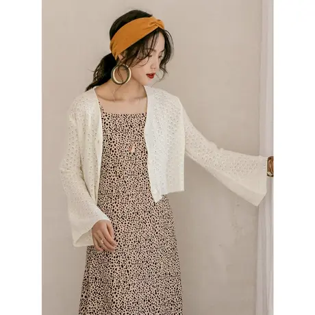 弥古白色针织开衫女夏季薄款外套宽松短款v领吊带裙镂空外搭罩衫商品大图