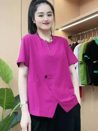 设计感开叉短袖女2023夏季新款百搭时尚潮流圆领复古女士上衣商品大图