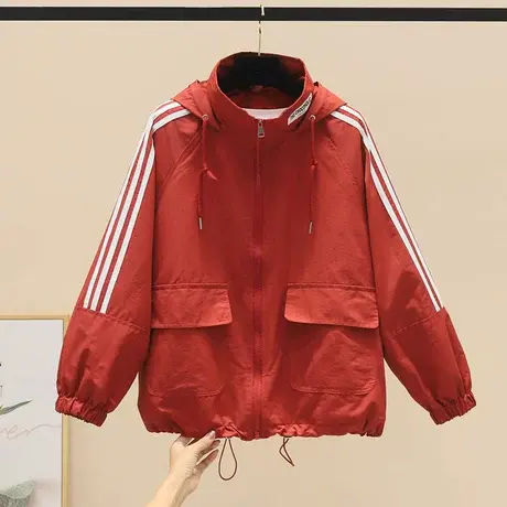秋季外套女款2025新款短款休闲百搭连帽三条杠外套秋装上衣小款商品大图