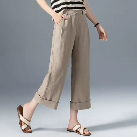 八分卷边窄版高腰亚麻阔腿裤女夏季薄款2023新款棉麻裤子九分直筒商品大图