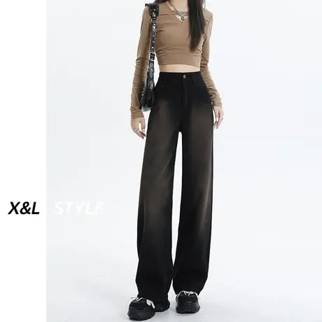 渐变阔腿牛仔裤女春秋季2023新款爆款高腰显瘦设计感垂感直筒裤子图片