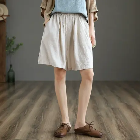 dza 文艺复古棉麻裤子女士宽松直筒裤短裤新款夏季薄款亚麻五分裤商品大图