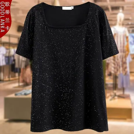 加肥加大码女方领洒金短袖上衣打底衫中年气质胖妈妈夏季棉麻T恤商品大图