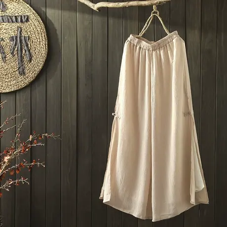 枫谜2020年春夏新款文艺复古清凉棉麻阔腿裤女宽松薄款棉麻长裤图片