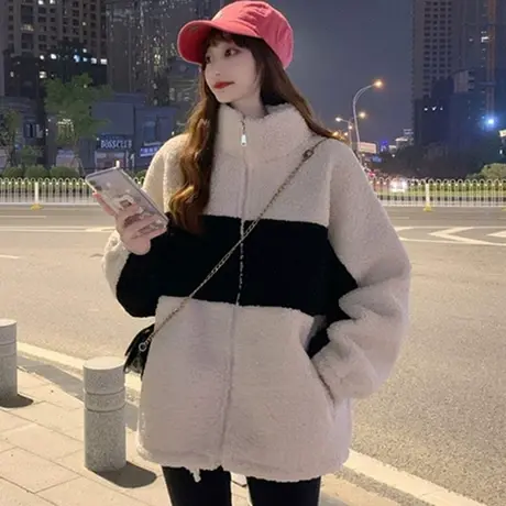 羊羔毛卫衣女2023新款秋冬季小个子宽松韩版上衣加绒加厚开衫外套图片