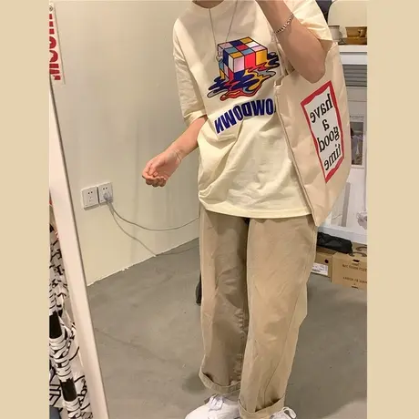 原创魔方新款韩版ulzzang学院风宽松百搭盐系少女纯棉短袖T恤ins商品大图