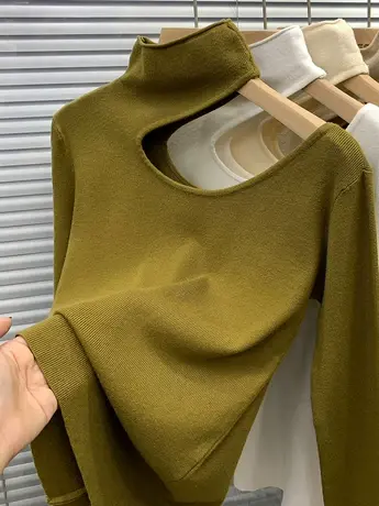 高领打底衫女冬纯欲别致独特心机镂空露肩设计感小众上衣针织衫潮商品大图