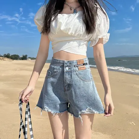 2023新款春季款牛仔短裤女宽松破洞裤修身显瘦a字裤百搭热裤ins潮商品大图
