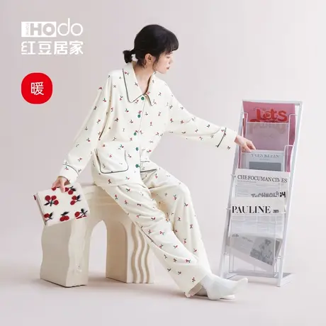 红豆【暖暖绒】秋冬睡衣女海岛绒防静电可外穿樱桃保暖家居服套装商品大图