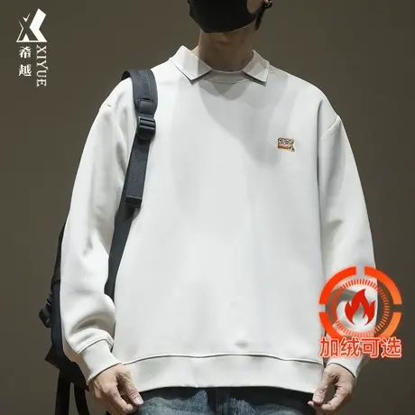 秋冬重磅双面棉卫衣男款翻领上衣宽松大码假两件套头加绒加厚长袖商品大图