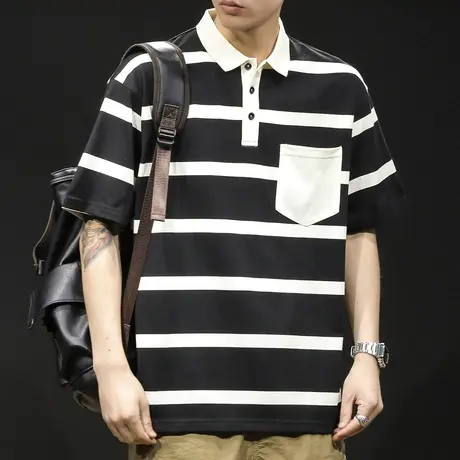 条纹polo衫男短袖t恤男士重磅大码潮牌夏季2024新款男款男装体恤商品大图