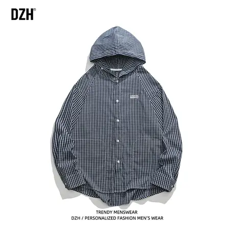 男生条纹衬衫男长袖高级感连帽刺绣衬衣外套宽松上衣男装2023新款商品大图