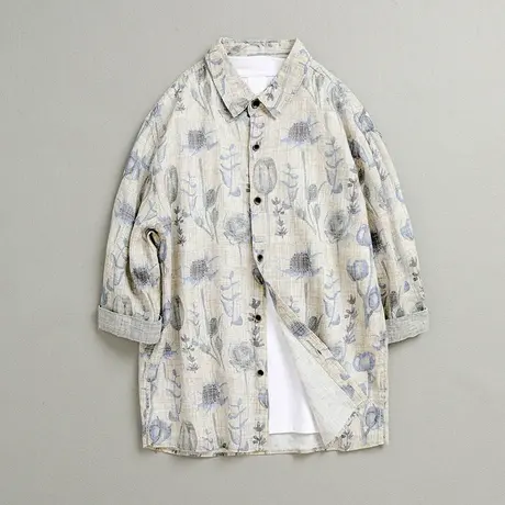 亚麻印花衬衫男士休闲半袖衬衣潮流春夏季七分袖宽松大码上衣男装商品大图