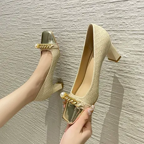 方头金属单鞋女2024年新款复古法式气质百搭软皮浅口高跟鞋工作鞋商品大图