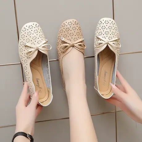 单鞋女平底软底夏季新款妈妈鞋凉鞋小皮鞋一脚蹬豆豆鞋透气奶奶鞋商品大图